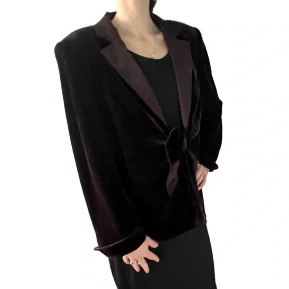 Vintage 90s Espresso Brown Velvet Blazer w/ Satin Shawl Collar & Bow Closure” - Picture 10 of 16
